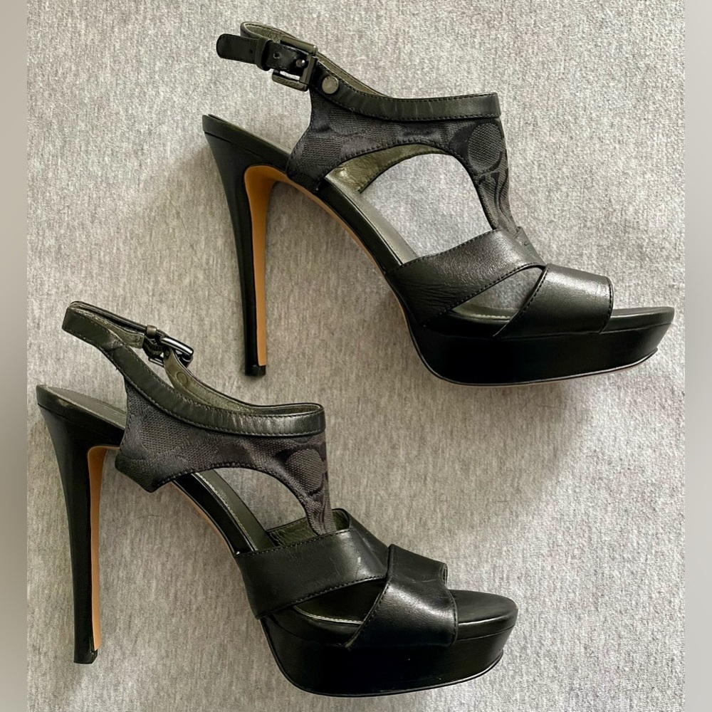 Coach Dita Semi Mat Calf Size 9.5 Black Open Toe Stiletto/High Heel Sandal READ